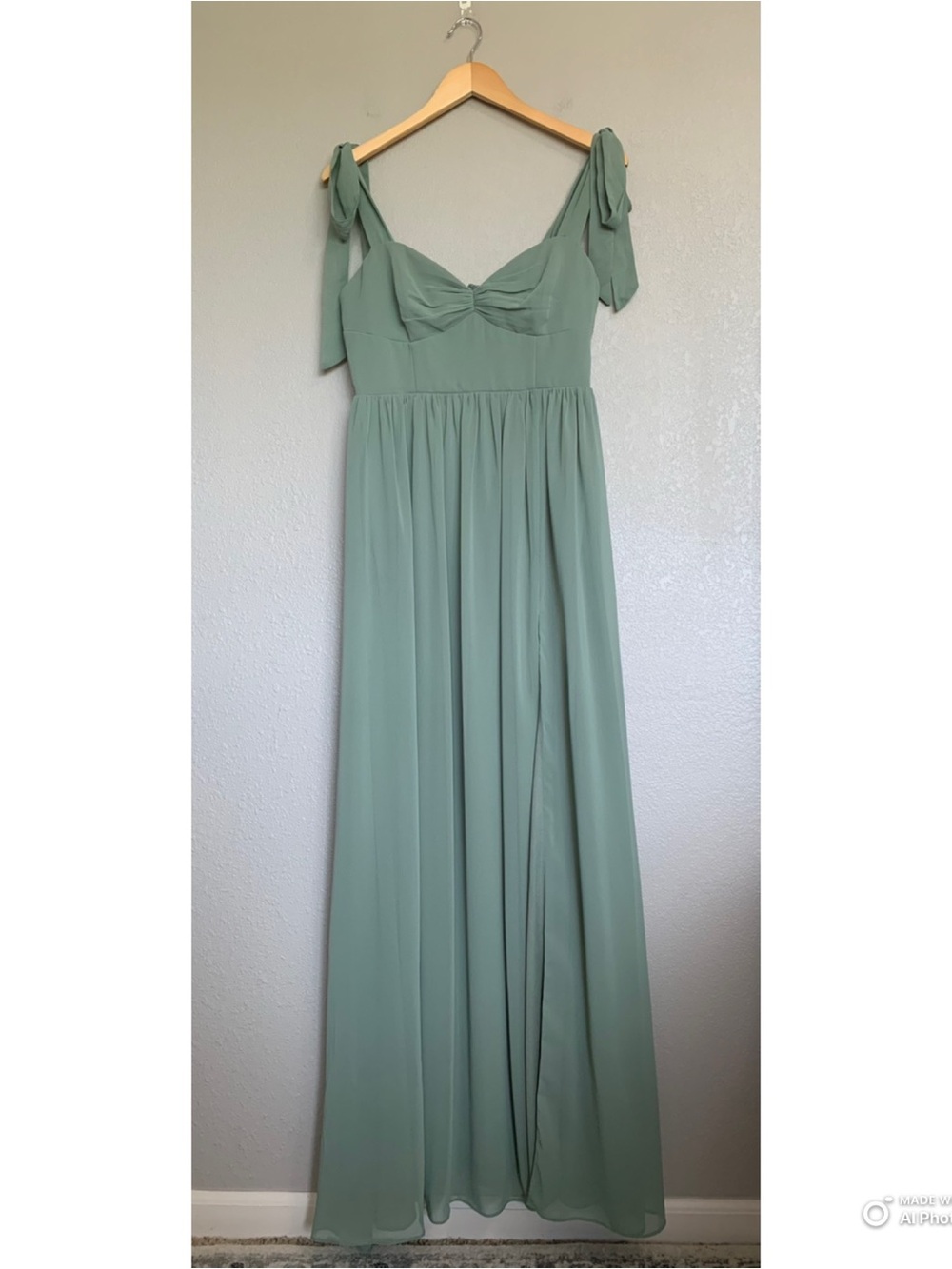 Lulus Medium Radiant Charisma Sage Brush Chiffon Ruched Tie-Strap Maxi Dress NWT - Picture 3 of 17